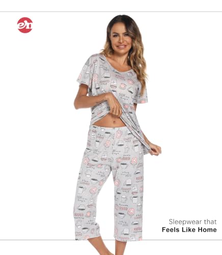 Image of ENJOYNIGHT Womens Pajama Sets Cotton Pj Set Short Sleeve Top With Capri Pants Sleepwear 2 Piece Lounge Set