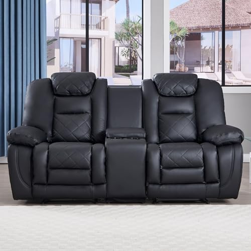 EBELLO Faux Leather Manual Loveseat Recliner Sofa, 2 Seat Reclining Couch Chair with Center Console, Hidden Storage and Cup Holders, Home Theater Seating for Living Room, Black (Loveseat)