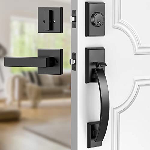 Image of Front Door Lock Set, Black Front Door Handle and Deadbolt Set Adjustable, 12.7in Heavy Exterior Entry Handle Reversible