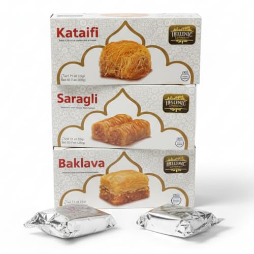 Handmade Greek Baklava Pastry Collection – 3-Pack | Baklava, Kataifi & Saragli | 4 Individually Wrapped Treats per Box | Authentic Mediterranean Desserts with Almond & Honey | Perfect for Lunches, Snacks & On-the-Go