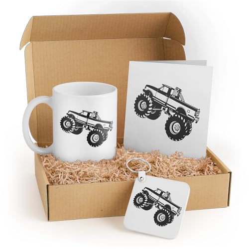 3dRose Monster Truck Lover Gift Set - Mug, Keychain, and Card - Black Truck Design - Perfect for Kids, Party Favors, and Enthusiasts