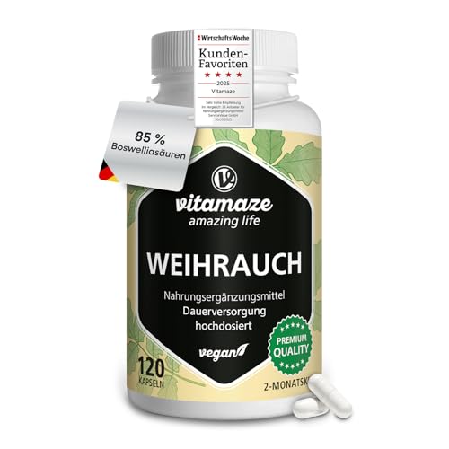 Weihrauch Kapseln hochdosiert & vegan, 900 mg Extrakt pro Tagesdosis, 85% Boswellia-Säure, 100% indischer Boswelia Serrata, 120 Kapseln für 2 Monate, Ohne Zusätze, Made in Germany