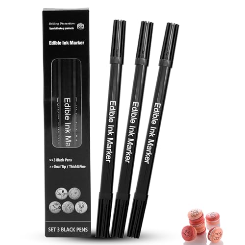 3 Rotuladores Alimentarios Negros - Plumones de Doble Punta con Tinta Comestible para Decorar Pasteles, Galletas, Chocolate y Macarons - Rotulador Negro para Repostería