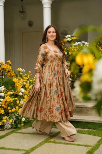 Image of ANNI Designer Kurta Set for Women Viscose Blend Printed | Kurti Set for Woman | Umbrella Kurta Palazzo Dupatta 3 Piece Outfit | Square Neck 3 /4 Sleeve Regular Fit Ethnic Dress Stylish Clothing