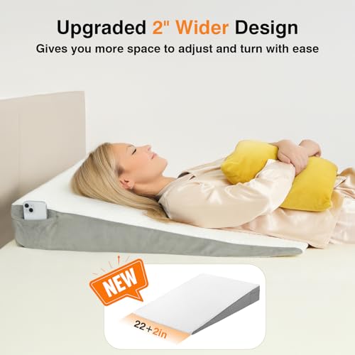 Image of Vekkia 34 inch Extra-Long Wedge Pillow, Back & Arm Support, Bed Wedge Pillow for Sleeping After Surgery, Acid Reflux, Snoring Relief, Removable Washable Cover & Double Side Pockets, 5.5 inch Height, White