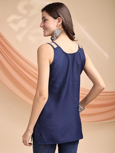 Image of EthnicJunction Women's Bottle Green Cotton Silk Yoke Embroidery Shoulder Strpe Straight Short Kurti | Regular Fit Kurti |Navratri speical Kurti