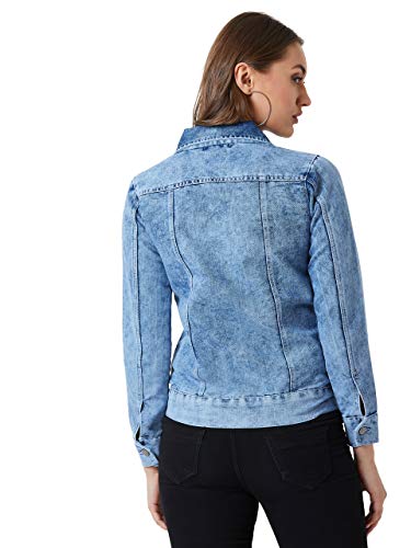 Image of Miss Chase Women's Polo Neck Full Sleeves Patch Pocket Denim Overcoat Knee-Length Jacket