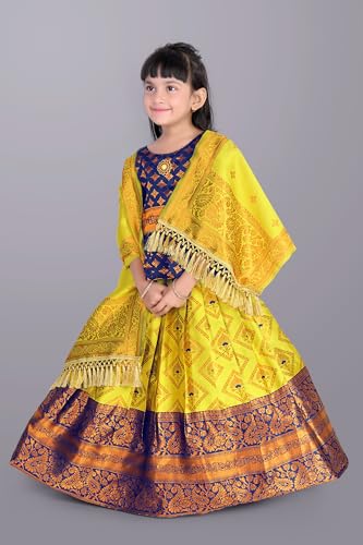 Image of Girls Pattu Pavadai Ready to Wear Lehenga, Blouse & Dupatta Set - Heavy Jacquard Fabric, Fully Stitched