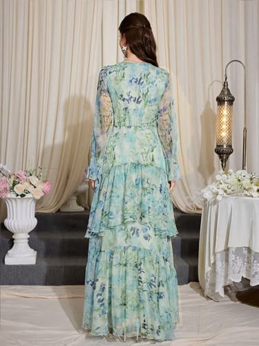 Image of TOLEEN Summer Casual Dresses for Women 2024 Spring Fashion Boho V Neck Long Sleeve Ruffle Floral Print Elegant Maxi Dress