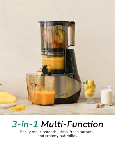 Canoly C09 Cold Press Juicer, 6" Extra Wide Feed Chute, 3-IN-1 Strainers (Juice & Sorbet & Nut Milk), Powerful AC Brushless Motor, Self Precut System, Juicer Machines with BPA-Free (Classic) - Image 3