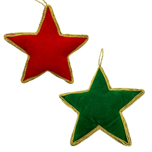 Zari Star Christmas Ornaments, Set Of 2, Red & Green, Zardozi Embroidery, Gift Bag #TOP4
