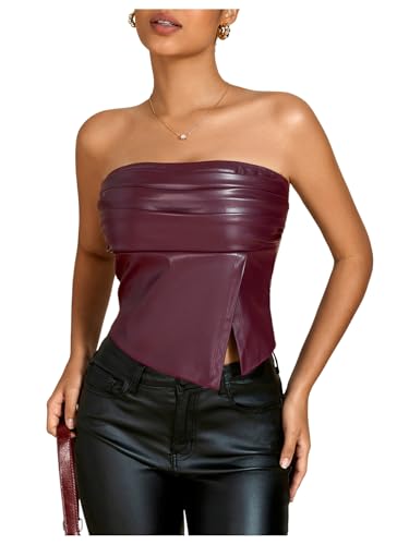 Milumia Women's Ruched Pu Leather Tube Top Strapless Split Hem Bandeaus Partywear3