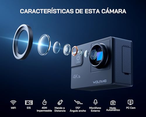 WOLFANG GA300 Cámara Acción 4K, Submarina 40m Impermeable con Tarjeta 32GB, WiFi 60FPS 24MP, Zoom 8X + Gran Angular 170° EIS, Mando 2.4G, Pantalla Táctil, 2 Baterías 1350mAh - imagen 3