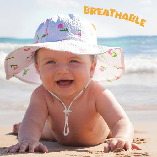 Image of HONGTEYA Baby Sun Hat Toddler Girl Beach Hat Sun Protection Adjustable Outdoor Summer Wide Brim Bucket Hat for Infant Kids