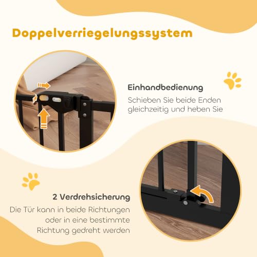 PawHut Türschutzgitter Hunde, Absperrgitter, 74-147,5 cm, Treppenschutzgitter für Haustier, Hundegitter inkl. 3 Verschiedene Verlängerungen, Schutzgitter ohne Bohren, Metall, Kunststoff, Schwarz