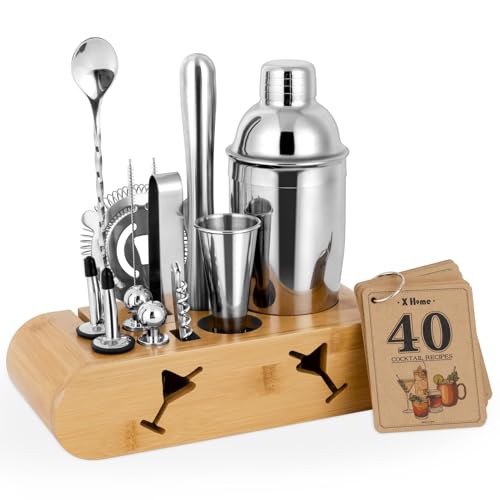 X Home Bartender Kit with Stand, Cocktail Shaker Set for Enthusiasts and Beginners | Includes Martini Shaker, Easy-to-Measure Jigger, Hawthorne Strainer, Mixing Spoon and More, Bartender Kit Gifts