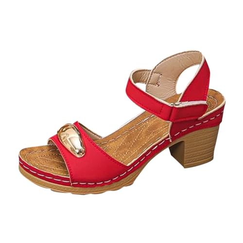 Sandalias de cuña para mujer, a la moda, para ocio, color sólido, versátiles, tacón grueso, primavera y verano, sandalias de tacón alto, Red, 37.5 EU