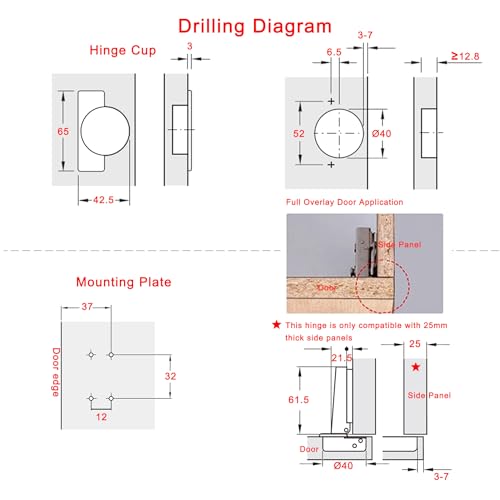 LOOTICH 95 Grad Eckanschlag 40mm Hydraulisch Scharnier mit Dämpfung Dicktürscharnier Schwerlast Scharniere für SCHWERE DICKE TÜR Küchenschrank Kleiderschrank Schranktür Möbel 2 Stück