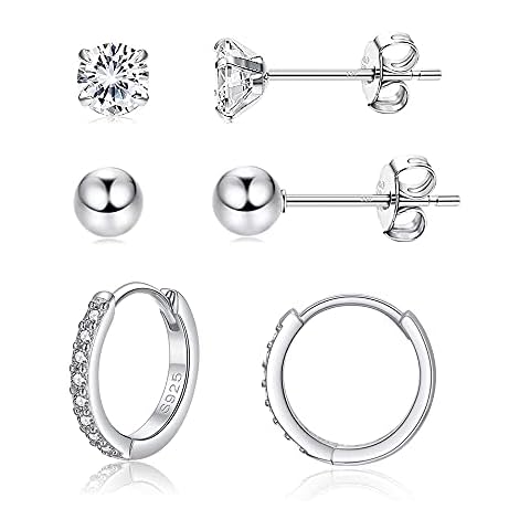 Josfeva Silver Hoops Earrings for Women, 925 Sterling Silver Stud Earrings & Hoop Earrings with Cubic Zirconia, Hypoallergenic Cartilage Sleepers Pierced Earrings, Silver Earring Set(5mm*2 + 14mm*1) Cover