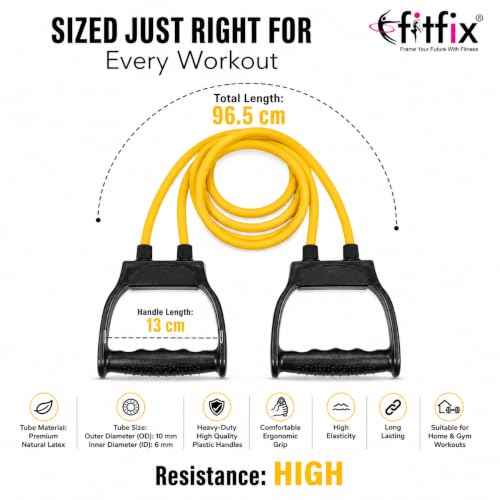Image of Fitfix Yellow Resistance Exercise Tube 25Kg Resistance 55 lbs Workout Exercise Band Tube with Handle for Home Gym Use Resistance Bands for Pull Ups, Stretching Toning Tube for Warm Up