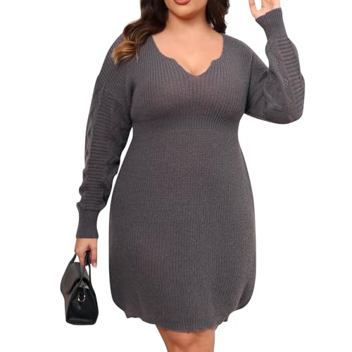 Ansenesna Strickkleid Damen Winter Große Größen Kleider Für Mollige Herbst Winter Winterkleid Damen V Ausschnitt Langarm Warm Strick Kleid Frauen...