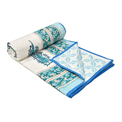 Image of BLOCKS OF INDIA Hand Block Printed Cotton Summer Single Size Reversible Printed Malmal Dohar (Blue Buta)