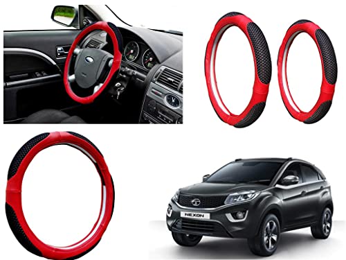 Image of Microfiber Car Steering Wheel Cover, Soft Padding Great Hand Feel, Anti-Slip, Faux Leather Steering Cover for Tata Nexon | Black Red Jali - Pack of 1