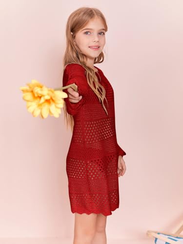 Image of Batermoon Girls Crochet Long Sleeve Swimsuit Cover Up Kids Fashion Hollow Out Swimwear Beach Dress 5-14 Years