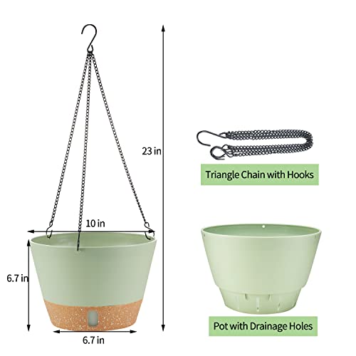 Wizrol 2 Pack Hanging Planters, 10 Inch Indoor Outdoor Hanging Plant Pot Basket, Hanging Plastic Flower Pot With Drainage Hole With Removable Tray&Hooks For Hanging Plants,Green #TOP2