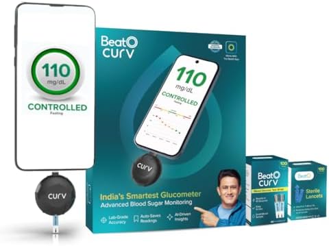 BeatO CURV Sugar Test Machine | FREE 100 Strips & 100 Lancets (Type-C USB Connector) | Simple & accurate testing of Blood sugar levels at home |Smartphone Connected Glucometer Machine | Android only | ISO Certified: Made in India