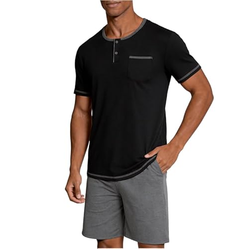 Marvmys Mens Pajama Sets Cotton Pajamas Short Sleeve Henley Pjs Summer Sleepwear Soft Sleep Set with Pockets S-3XL Medium Black&dark Grey