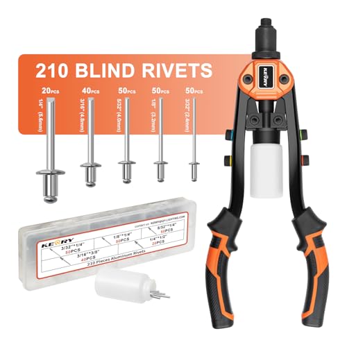 Kerry 14-Inch Rivet Gun 1/4 Pop Riveters with 210pcs Rivets Heavy Duty Two-Handed Rivet Tool Kit with 5 Nosepieces 3/16 1/8 5/32 3/32 1/4 for Metal Automotive