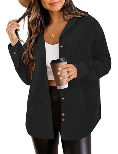 SEMARO Womens Casual Long Sleeve Button Down Shirts Corduroy Oversized Boyfriend Blouse V Neck Loose Jacket Tops Black