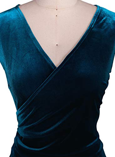 Fantaist Pencil Dresses, Women's Deep V Neck Wrap Ruched Velvet Evening Cocktail Dress (XL, FT641-Dark Cyan)