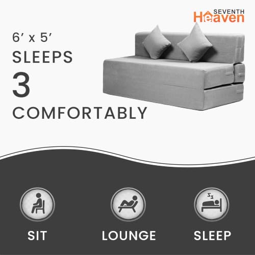 Image of Seventh Heaven Rejioce 3 Seater 5 * 6 Jute Fabric Washable Cover Sofa Cum Bed with 2 Cushions 3 Seater Double Foam Fold Out Sofa Cum Bed (Finish Color - Light Grey Delivery Condition - Pre-Assembled)