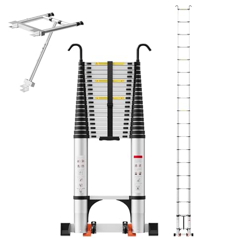 SEEKNEW 27.6 FT Telescoping Ladder Aluminum Extension Ladder 330 lbs Capacity with Triangular Stabilizers Portable Collapsible Ladder for Roof Home and RV; Silver