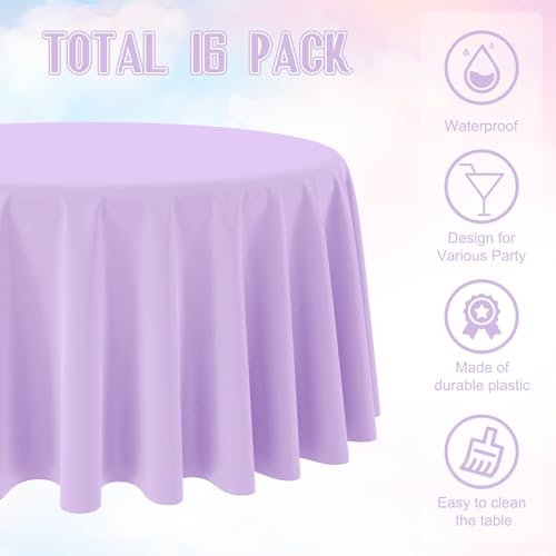 Image of Ragnhild 16 Pack Lavender Plastic Tablecloths for Round Tables, Premium Decorative Light Purple Disposable Table Cloths for Parties, Round Party Table Cover for Birthday Wedding Baby Shower, 84 Inch