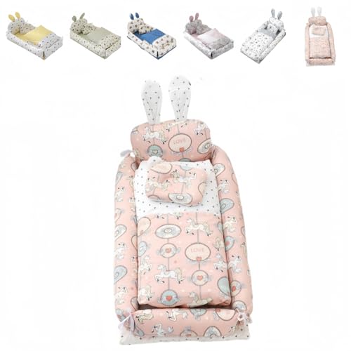 ShineLuxeベビーベッド 新生児 添い寝 枕付き ベッドインベッド 簡易ベッド 持ち運び 携帯型ベビーベッド ウサギの耳の形 かわいい ベビー布団 通気性 取り外し 洗える可能 0-8ヶ月 出産祝い (85*50*12CM,カルーセル【4点セット】)