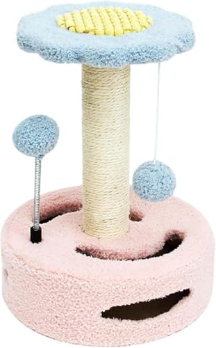 猫タワー キャットタワー 爪とぎポール 爪磨き ミニ コンパクト 爪研ぎ 猫用 キャット ボール バネ 花 小型 天然麻紐 猫遊び用 運動不足解消 組立簡単 転倒防止 子猫やシニア猫にお勧め 頑丈耐久 ペット用品 (D-26*35cm)