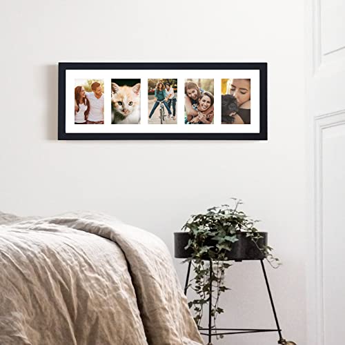8X24 Black Collage Picture Frames With 5 Openings, Display Multiple Five 4X6 Photos Or 8X24 Without Mat, Wood Collage Frame Covered By Plexiglass Wall Mounting Horizontal Or Vertical #TOP1