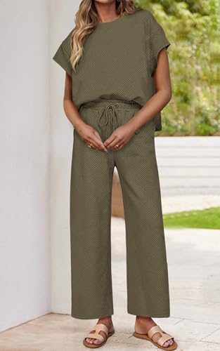 Image of PRETTYGARDEN 2 Piece Outfits For Women Casual Tracksuit Short Sleeve Tops And Wide Leg Long Pants Matching Lounge Sets