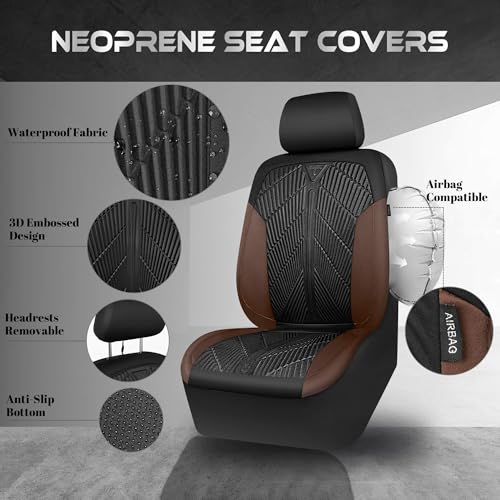 Image of CAR PASS Waterproof Black Brown Car Seat Covers Front Seat Covers Neoprene Wetsuit,All-Weather Non-Slip Durable,Universal Fit for SUV Sedans Trucks Automotive,Airbag Compatible,3D Emboss Black Brown