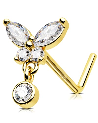 Jewseen 14K Gold Nose Rings 20g L Shaped Nose Stud Dangle Nose Piercing Jewelry Butterfly Nostril Ring for Women