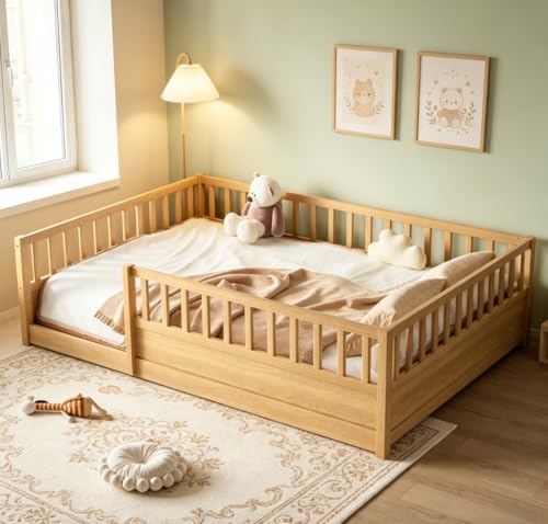Bellemave Full Floor Bed with high Fence Solid Pine Wood Montessori Bed for Kids Girls Boys Floor Bed Frame Natural with slats