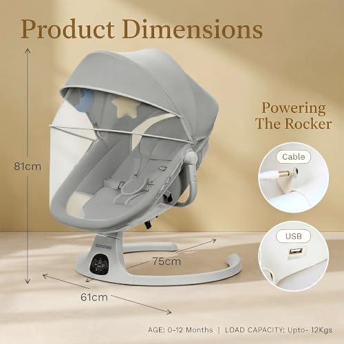 Image of Electric Baby Swing Rocker for Newborn Baby | Automatic Cradle with 5-Speed Swing, Bluetooth Music, USB Support, Remote Control, Touch Panel, 360 Rotating Seat, Mosquito Net - Grey