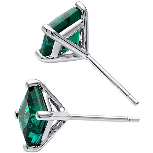 Peora Created Emerald Stud Earrings for Women 14K White Gold, Classic Solitaire, 2 Carats total Princess Cut, 6mm, Friction Back, Dainty Green Earrings, Emerald Jewelry3