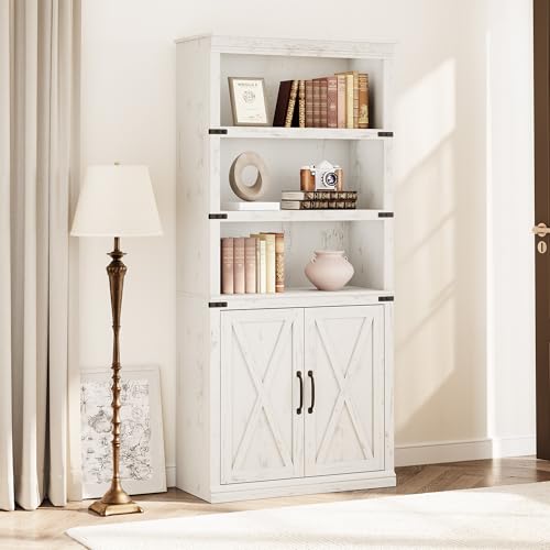 GAOMON Farmhouse Bookcases with Doors, 5 Tier Bookshelf with Storage, 70 inch Tall Bookshelf and Bookcase, Wooden Storage Cabinet for Living Room, Home, Office, Bedroom (White)