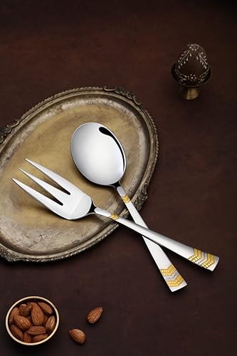Image of FnS RAGA 24 Karat Gold Plated Stainless Steel Serving Set of 2 (1 Serving Spoon, 1 Serving Fork) for Home, Kitchen and Dinning