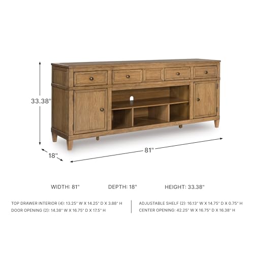 Signature Design by Ashley Sharlance Farmhouse 81" TV Stand for TVs up to 93" with Adjustable Shelves and Wire Management, Light Brown