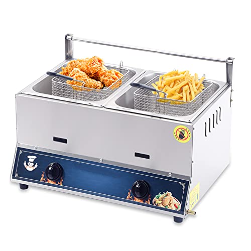 WOTZOV Freidora a Gas de 12 litros con Control de Temperatura y Cesta de Aceite Desmontable para cocinar Alimentos Familiares en la encimera de un Restaurante Comercial.，Double Cylinder